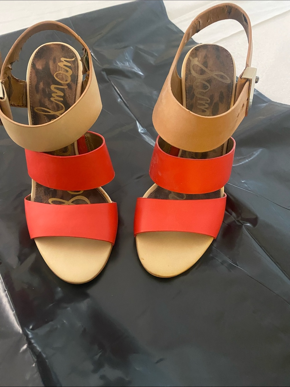 Sam Edelman Tan and Red Triple Strap Block Heel Sandals.